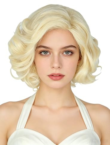 Topcosplay Damen Blond Perücke Synthetische Kurz Lockig Perücken Halloween Karneval Cosplay Kostüme mit Pony