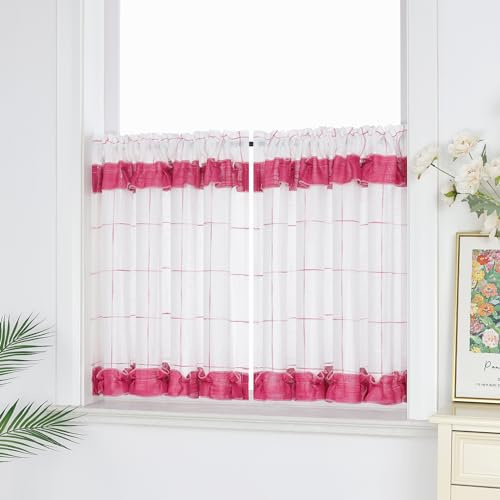 Yujiao Mao 1 Stück Scheibengardine Landhaustil Küchengardinen Karo-Bistrogardine Leinen Kurzgardine Mit Raffbänder Klein Fenster Rosa BxH 90x90cm