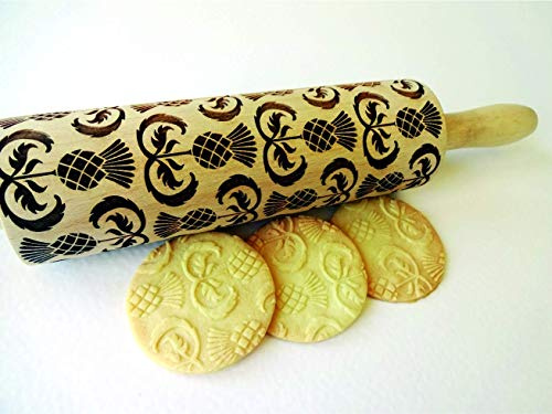 Algis Crafts - Embossed Rolling Pin for Baking Accessories with Laser Engraved Design THISTLES - Beautifully Handmade Pattern Rolling Pin - Decorative Rolling Pins to Make Unique Bakes and Pottery