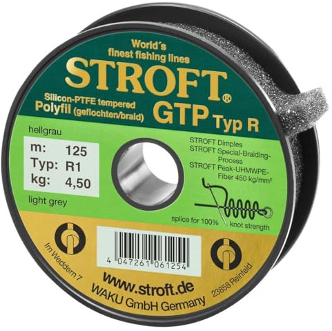 Schnur STROFT GTP Typ R geflochtene Angelschnur 125m hell grau 8-fach PE Braid, hohe Tragkraft, extrem abriebfest, rund & fest geflochten, für Spinnfischen & Raubfisch wie Barsch, Zander & Hecht