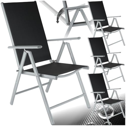 tectake® Aluminium Gartenstuhl 4er Set, Klappstuhl mit 7-Fach Verstellbarer Rückenlehne, Hochlehner mit Armlehnen, Gartenmöbel Set mit 4 Stühlen, für Garten Balkon Terrasse Camping, Silber