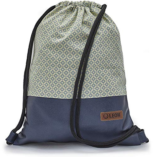 By Bers Leon großer Premium Turnbeutel mit Innentaschen Rucksack Tasche Damen Herren Teenager Gym Bag Draw String 45x34cm für Sport Reise Alltag Einkauf (KaroBlau_BlauMetallicPU)