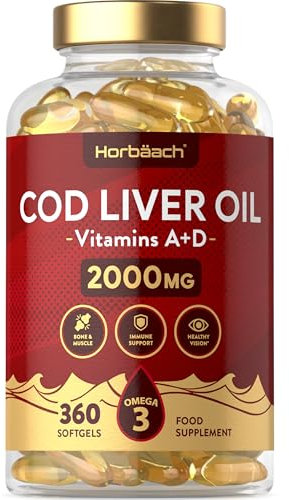 Cod Liver Oil Capsules High Strength | 2000mg | 360 Count | with Omega 3, Vitamin D and A | with 180mg of DHA and 130mg of EPA | Rich in Omega 3 Fatty Acids | by Horbaach