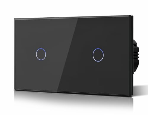 BSEED Doppelt Touch Lichtschalter 1-Fach 1-Wege Glasscheibe Wandlichtschalter Kein Neutralleiter, KEIN-WIFI,Gehärtete Kristallplatte Schalter mit LED Hintergrundbeleuchtung, Eingebettet Schwarz