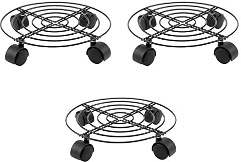 Trintion 3 Pack Plant Caddy with Wheels 27cm Round Metal Potted Trolley Heavy Duty Movable Metal Plant Dolly for Indoor Outdoor Home Garden Tools
