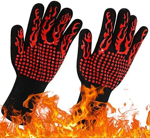 BIIDY Lot de 2 gants noirs et rouges antidérapants en silicone avec doigts 800 ℃ / 800 °C - Résistance extrême à la chaleur pour barbecue, four, cuisine, cuisine, cuisson, cheminée, coupe, soudage