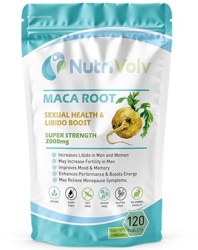 NutriVolv Maca Root Supplement 2000mg | 120 Vegan Tablets | High Strength Energy, Stamina & Endurance Support | Fertility & Hormone Balance for Men & Women | Libido & Vitality Booster | UK Made