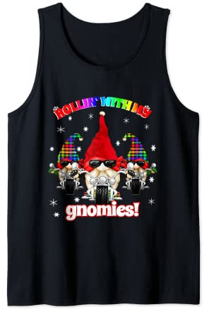 LGBTQ Pride Biker Christmas Garden Gnome Rainbow Plaid Tank Top