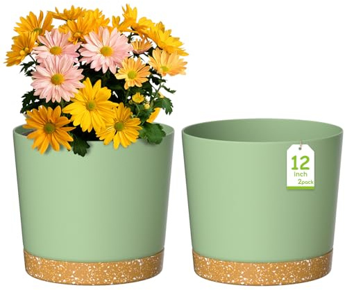 ZMTECH 30,5 cm Blumentöpfe, Kunststoff Pflanztopf mit Ablaufloch und Untertasse, Moderner Dekorativer Blumentopf für Drinnen und Draußen, Zimmerpflanzen, Sukkulenten, Blumen (2er-Set, Grün)