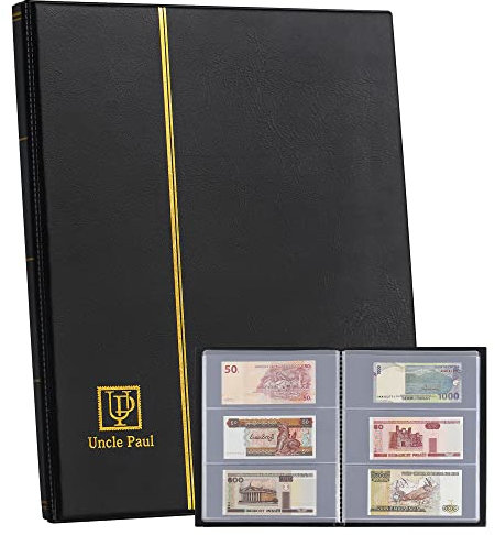 Uncle Paul Banknoten-Sammelalbum mit 60 Fächern, 7.7 x 3.2, Banknoten-Sammelhalter, Aufbewahrungsbuch mit Schutzhülle für Papierdollarscheine, Sammelkarten, Briefmarken-Sammlung AN01BK