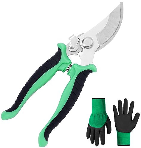 OFFCUP Forbici da Giardinaggio Forgiate, 2Pcs Cesoie a Mano, Forbici Cesoie da Potatura con Guanti da Giardinaggio, Cesoie Potatura, Forbici da Potatura in Acciaio Inossidabile per Rami Radici