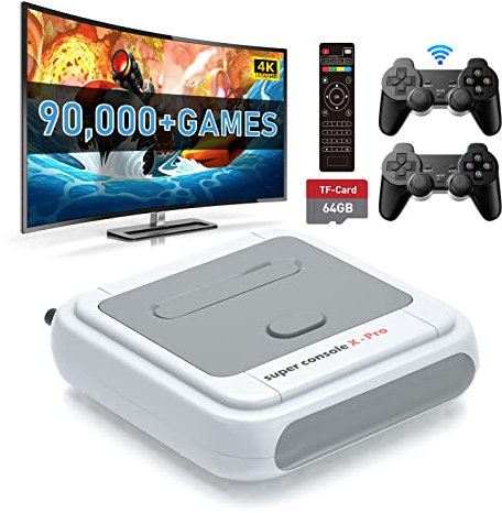 Kinhank Retro Games Console 64GB, Super X Pro Built in 90,000+ Classic Video Games, EmuELEC 3.9 Game/Android 7.1 System 1, 4K HD Output, with 2 Wireless Controllers, (1UK-XPRO-64-FBA)