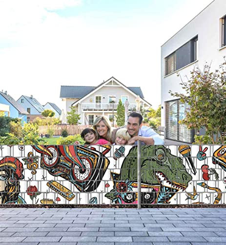 Displayhersteller MyMaxxi Zaunsichtschutz - Dino Graffiti - Sichtschutzstreifen für Doppelstabmattenzaun - Windschutz Sonnenschutz Blickdicht - Sichtschutz Garten Teil1 + Teil2-5 Streifen - 500x100cm