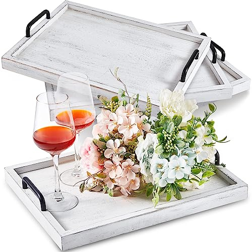 4 Pcs Large Wooden Serving Tray Decorative 15.8 x 11.8 x 1.2 in Ottomantray Rustic with Handle Coffee Table Wood Tray Kitchen Platter for Christmas Thanksgiving Party Gift Breakfast Wedding(White)