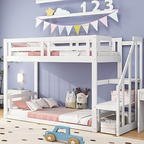 HESHU Kinderbett Etagenbett 90x200, Hochbett mit Treppe, Stockbett, Spielbett, Jugendbett, Etagenbettgestell mit Lattenrost, ohne Matratze, Weiß