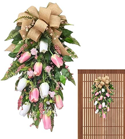 LINGJIONG 22 Inch Pink Teardrop Wreath - Spring/Easter Home Decor