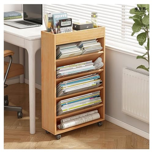 Rollbarer Holz-Aufbewahrungswagen, mobiles Bücherregal mit Rollen für das Büro, mehrstöckig, rollende vertikale Bücherregal-Aufbewahrung, braun