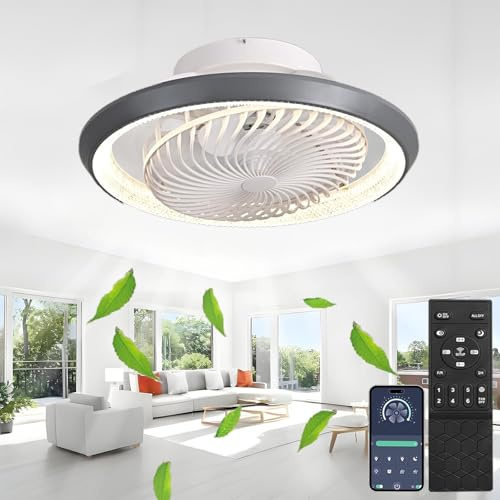 TJSC 49cm LED Deckenventilator mit Beleuchtung, Dimmbar Invisible Deckenlampe mit Ventilator, 360° Drehbar, 72W Leise lampe mit Ventilator und Fernbedienung APP, für Wohnzimmer Schlafzimmer, Grau