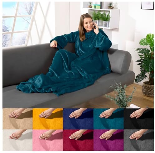 heimtexland ® Ärmeldecke TV Kuscheldecke mit Ärmeln Taschen Fußsack Super Soft Flanell tragbare Decke Ganzkörperdecke Typ870 Dunkelpetrol 200x170 cm