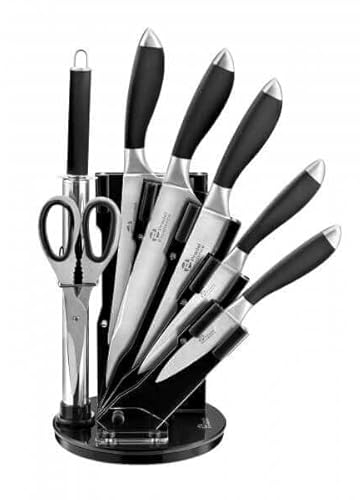 Pradel Excellence – ESSENTIELS – Bloque de cuchillos giratorio con accesorios de 7 piezas – Caja de color: 5 cuchillos, 1 rifle, 1 tijera. Cuchillas de acero inoxidable y soporte plexiglás – Negro