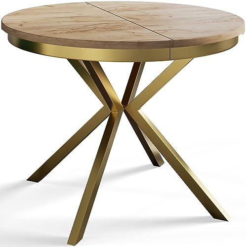 AlpiMeble Esszimmertisch BERGO, Durchmesser: 100-180 cm, Braun, Gold Beine | Runder Tish, Ausziehbarer Tisch, Wohnzimmertisch mit Metallbeinen