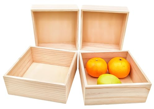 Anktily 4 Pack Unfinished Wooden Craft Storage Organiser Boxes, 6 x 6 x 2.4 inch Small Square Wood Box, Rustic Natural Wood Container Box for Home Venue Decor