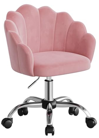 WOLTU Silla de Tocador Terciopelo con Respaldo de Petalos, Silla Giratoria con Ruedas, Ergonómica para Maquillaje, Patas de Metal, Rosa