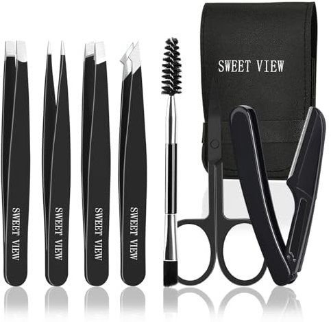 SWEET VIEW 7 Stück Pinzetten-Set, Augenbrauenzupfer für Frauen und Männer Gesicht, Braue, Kinn, eingewachsene Haare (Schwarz)
