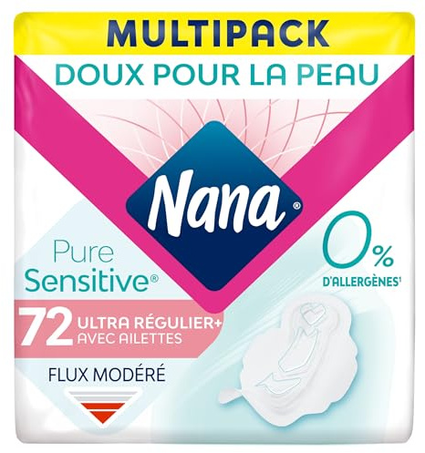 Nana Ultra Regular Plus PureSensitive - Servilletas sanitarias con aletas - Flujo regular - 72 toallas en bolsa individual