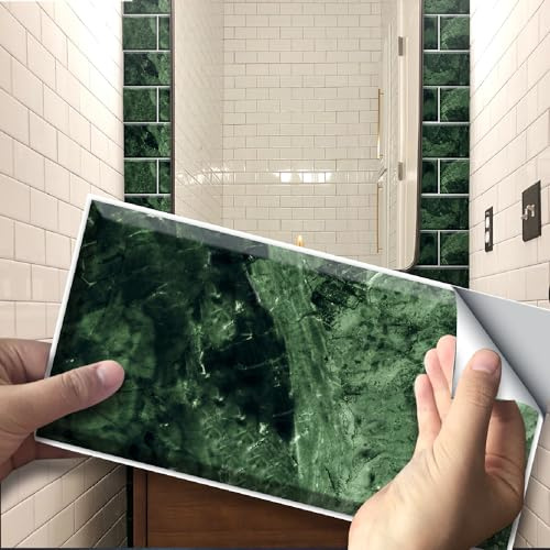 Neukids 54pcs Green Emerald Marble Tile Stickers, Peel and Stick Kitchen | Waterproof,Splashback,Tile Transfers Sticker for Home Decor,Tile Decals for Livingroom Kitchen Bathroom Laundry RV Backsplash