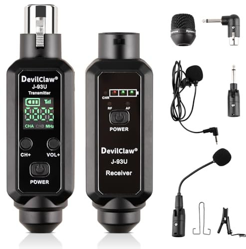 Devilclaw Multifunktionales UHF Wireless XLR Adaptersystem, Sender & Empfänger für dynamische Mikrofone Gitarrenmixer PA-System, 16 einstellbare Frequenzen, USB-Aufladung, 76 m Reichweite