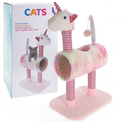 MIJOMA Katzenkratzbaum im Einhorn-Design, Pink-Batikoptik, 3 Sisal-Kratzsäulen, spielerischer Schwanz mit Bommel, Plüschkopf & Tunnel, 85x40x30 cm – Perfekt für Spiel & Pflege