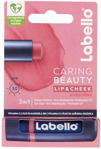 Labello Caring Beauty Lip & Cheek Nude Pink 4,8 g Crayon pour les lèvres et les yeux avec une note de rosafar, baume à lèvres getönter et bâton de fard à joues 2 en 1, baume à lèvres avec LSF 30