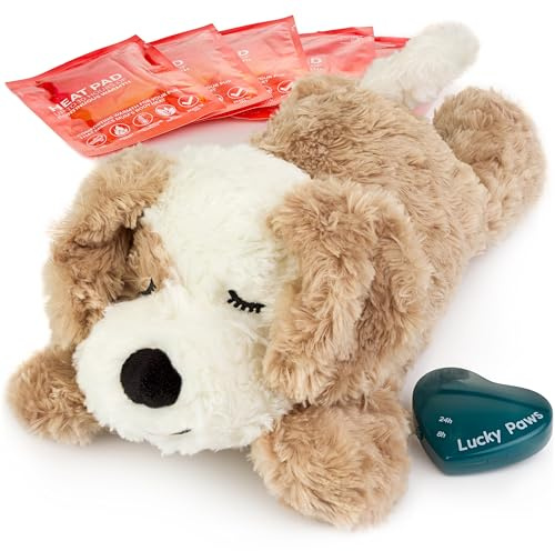 Lucky Paws® UK heartbeat toy for puppy - puppy heartbeat comforter for separation anxiety - calming dog toys - heart beat teddy for dogs - dog anxiety toy (Fudge, Brown/White)