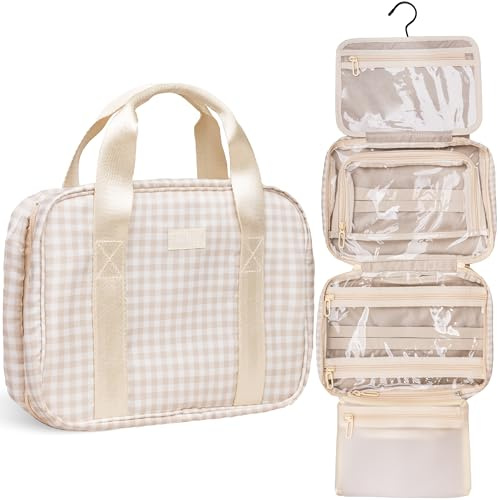 Jadyn Kulturbeutel zum Aufhängen, erweiterbarer Kulturbeutel für Damen, wasserabweisend, große Reise-Kosmetiktasche für Make-up, Toilettenartikel, Lotion, Shampoo, Zubehör, Beigefarbenes Gingham, 6.5