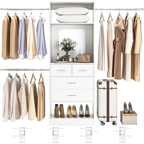 Unikito 48 W - 96” W Closet Organizer, 8FT Walk in Closet Systems Starter Kit with 25” Tower and 3 Extendable Hanging Rods, Sturdy Wood Garment Rack with 4 Drawers and Mirror, Max Load 1000 LBS White
