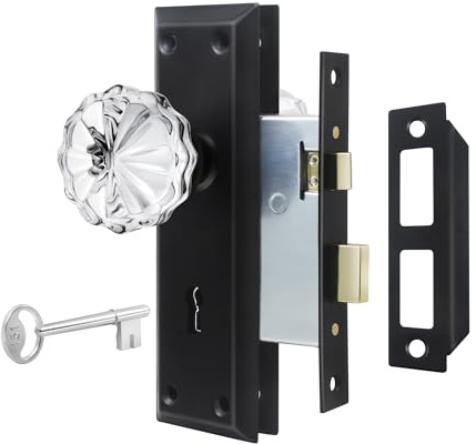 newliplace Mortise Lock Set for Interior Door, Vintage Old Style Door Knobs with Lock and Skeleton Key, Crystal Glass Door Knobs in Matte Black Finish