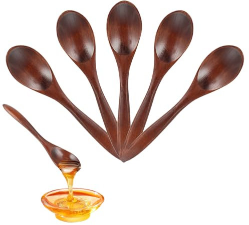 5 Stück Holzlöffel Klein - Honiglöffel Holz - Teelöffel, 14,5 cm, Handgefertigt, Mini Holzlöffel für Tee, Kaffee, Marmelade, Honig, Küchenzubehör, Braun