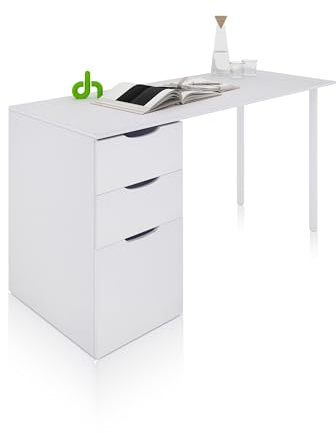 duehome | Mesa Ordenador Reversible con 2 Cajones y 1 Puerta, Mesa Despacho, Escritorio, Modelo Luma, Acabado en Color Blanco Artik, Medidas: 138 cm (Ancho) x 60 cm (Fondo) x 74 cm (Alto)