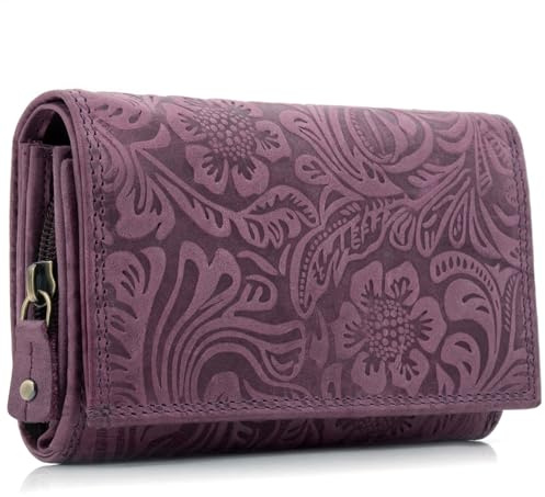 ekavale Damen Leder-Geldbörse mit Blumenmotiv und RFID-Blockierung, Portemonnaie Langformat mit Druckknopfverschluss (Lila)