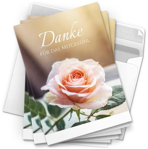 Danksagungskarten Trauer – 10 Klappkarten mit Umschlägen – Motiv: Zarte Rose – Trauerkarten Danksagung mit Text – Dankeskarten Trauer nach Beerdigung
