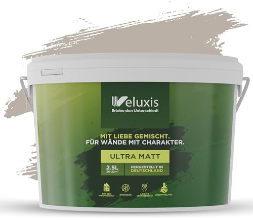 Veluxis® Wandfarbe Creme für den Innenraum - 2,5 Liter & Deckkraft-Klasse 1, Streifenfrei, tropfarm & Öko Farbe, VOC-frei - (Whole Grain)