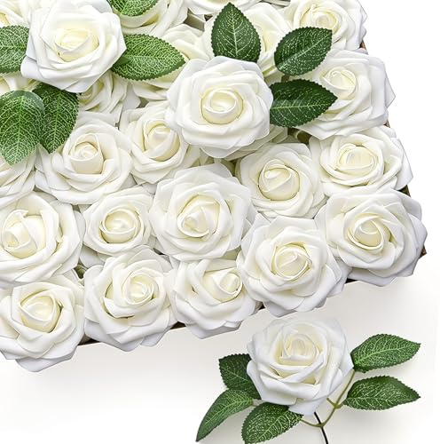 RCZ Décor Artificial Ivory Foam Roses with Stems & Leaves - Pack of 50, Perfect for Wedding Centerpieces, Event Decor, DIY Bouquets, and More