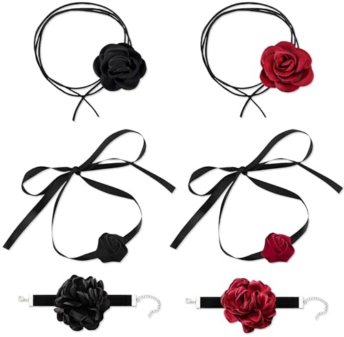 YiiHHooN Blumen Choker Halskette, 6 Stück Rosen Choker Kette Damen und Armband Damen, Rot Schwarz Gothic Stoff Halsband Blumen Halskette für Partys und Täglichen Gebrauch