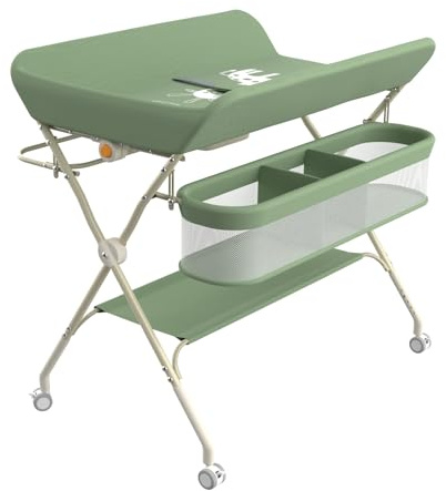Table à Langer Mobile pour Bébé, Pliable avec Hauteur Réglable sur 5 Niveaux Poubelle Panier de Rangement Etagère Roues Verrouillables, pour Chambre de Bébé,75 * 68 * 83-91cm (A) Vert