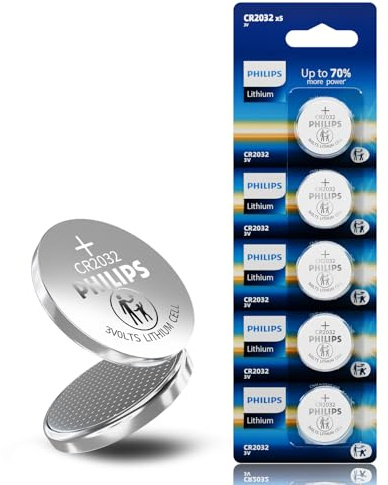 Philips CR2032 Battery (5 Pack), 3V Lithium Coin Cell Battery Long-Lasting, Leak-Free, CR 2032 Batteries for Key Fob, Watches, Small Electronic Devices