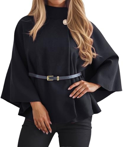 Vhersily Cape pour femme, poncho d'hiver avec manches chauve-souris et ceinture, couleur unie, col haut, avec boutons, manteau court en laine, à la mode, pour les loisirs, activités