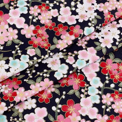 MAYJOYDIY Tessuto in cotone giapponese nero, 1 m x 1,48 m, con stampa floreale giapponese Sakura, in cotone con fiori di ciliegio, panno fai da te per abbigliamento, borse, tovaglie, divani, cuscini