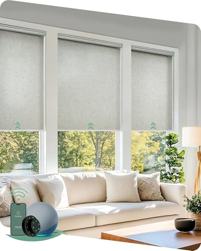Yoolax Motorized Blinds with Remote, Light Filtering Smart Roller Shades Work with Alexa, Google, Apple Homekit, Custom Automatic Shades with Voice Control for Living Room (Linen Beige)