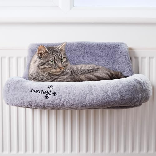 PureNest Cat Radiator Bed – Warm & Cosy Radiator Cat Bed for Indoor Cats & Kittens – Heavy Duty & Space Saving Pet Hammock with Strong Metal Frame & Washable Soft Fleece Cover – 50x43x26cm